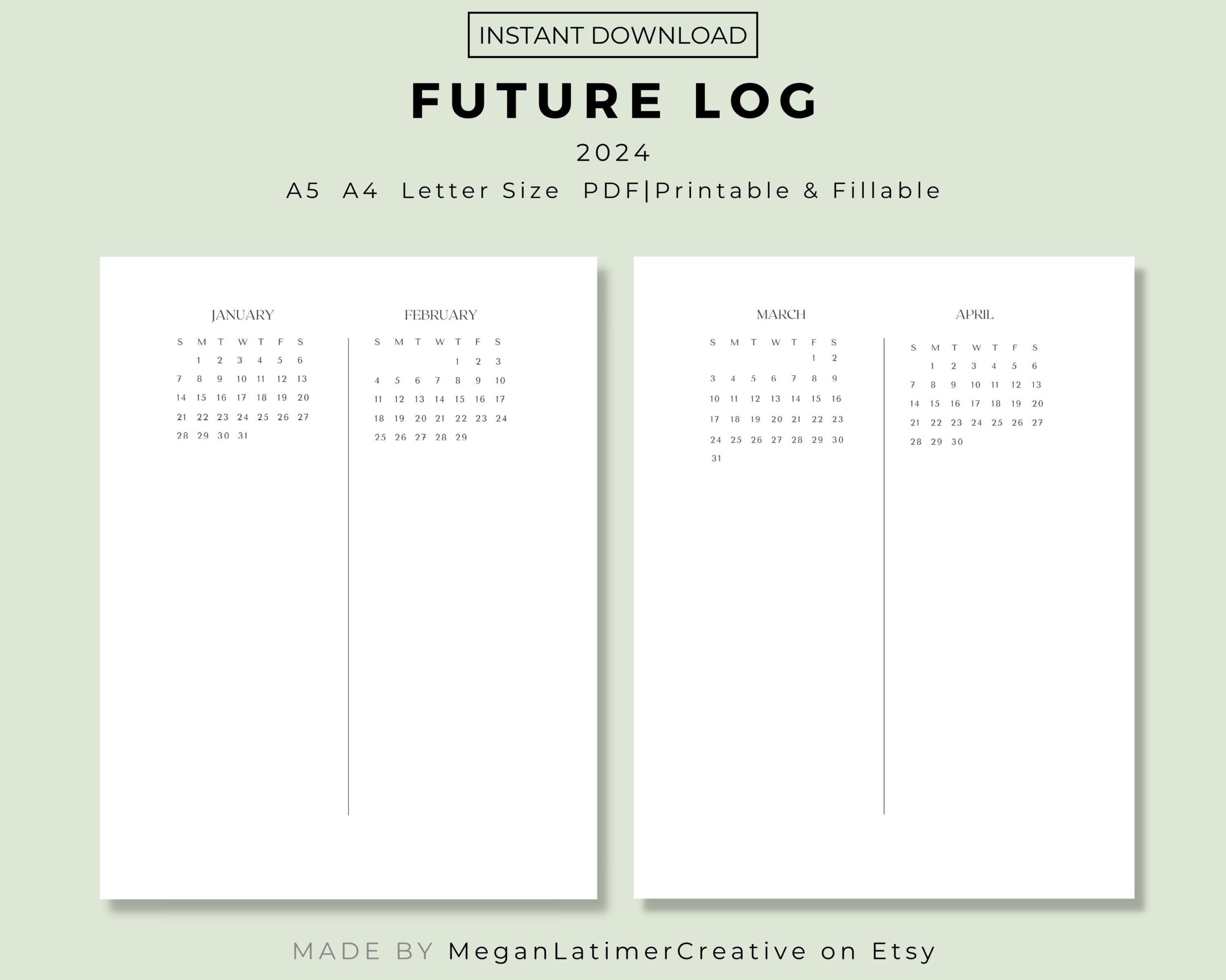 2024 Future Log Calendar Printable 4 Month Glance 2 Month Glance