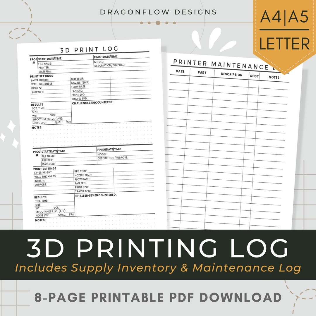 3D Printing Log Printable Download Record Project Details Print