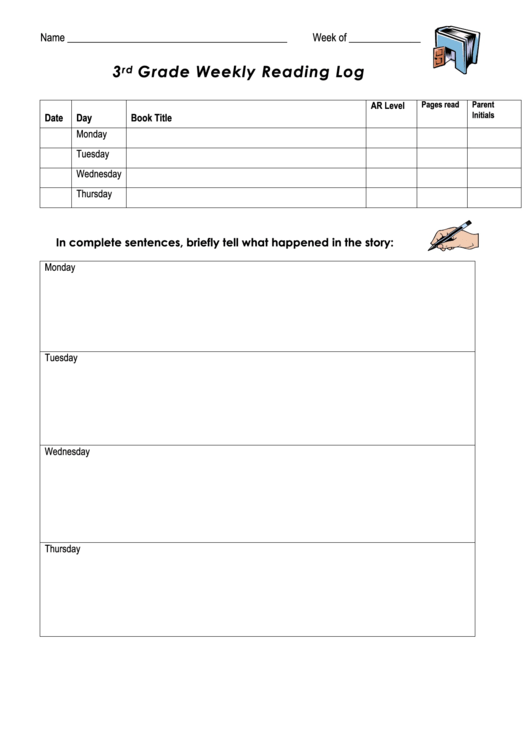 3rd Grade Weekly Reading Log Template Printable Pdf Download