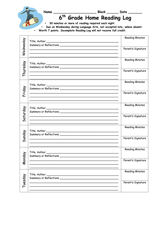 6th Grade Home Reading Log Printable Pdf Download