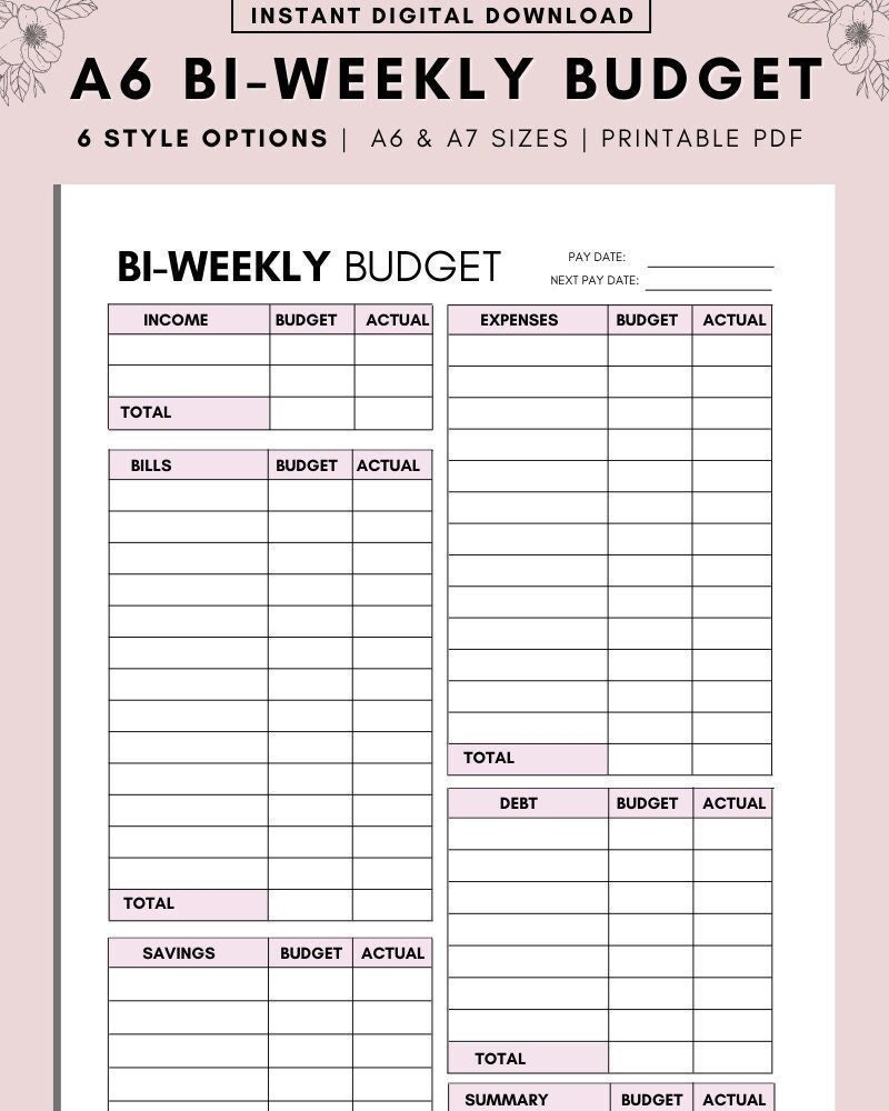 A6 PDF BI WEEKLY Budget Overview Template Printable Paycheck Etsy
