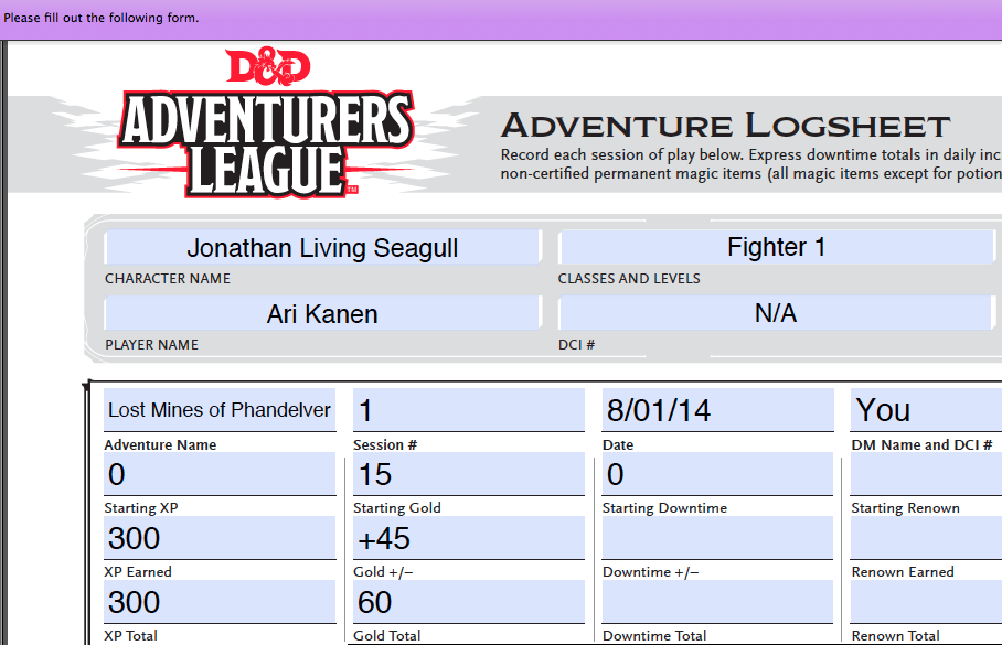Adventurers League Log Sheet Fillable Fillable Form 2025