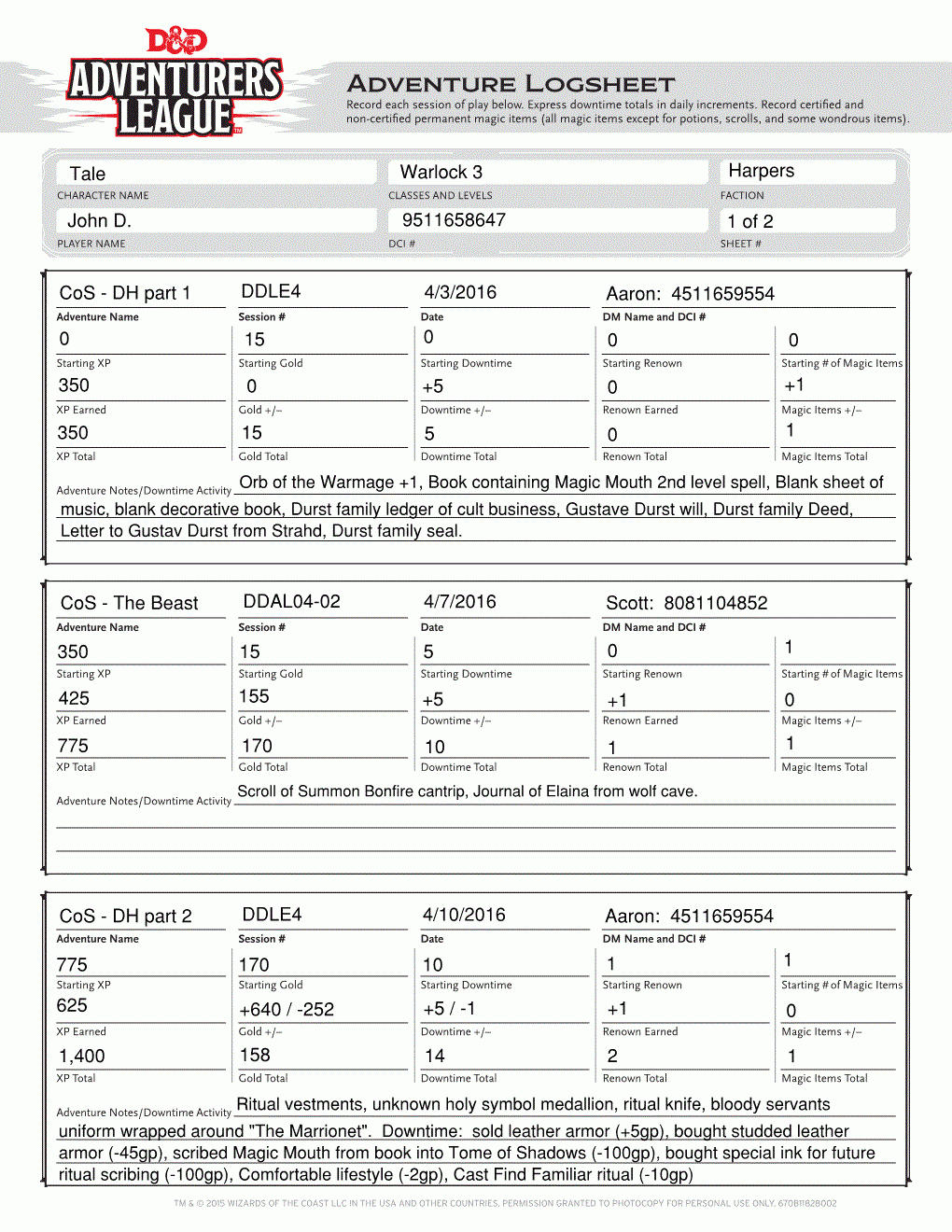 Adventurers League Log Sheet Form Fillable Printable Forms Free Online