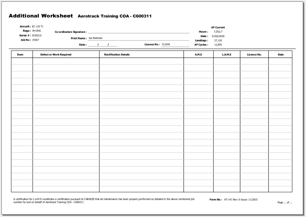 Aircraft Maintenance Logbook Entry Template