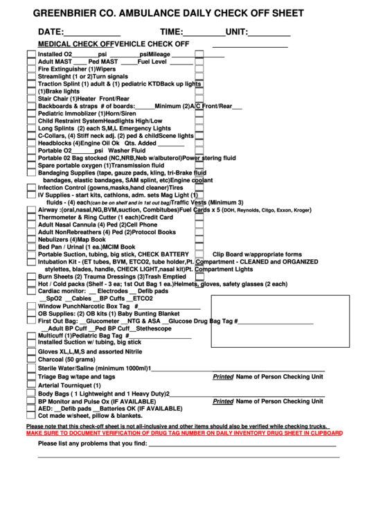 Ambulance Daily Check Off Sheet Greenbrier Co Printable Pdf Download