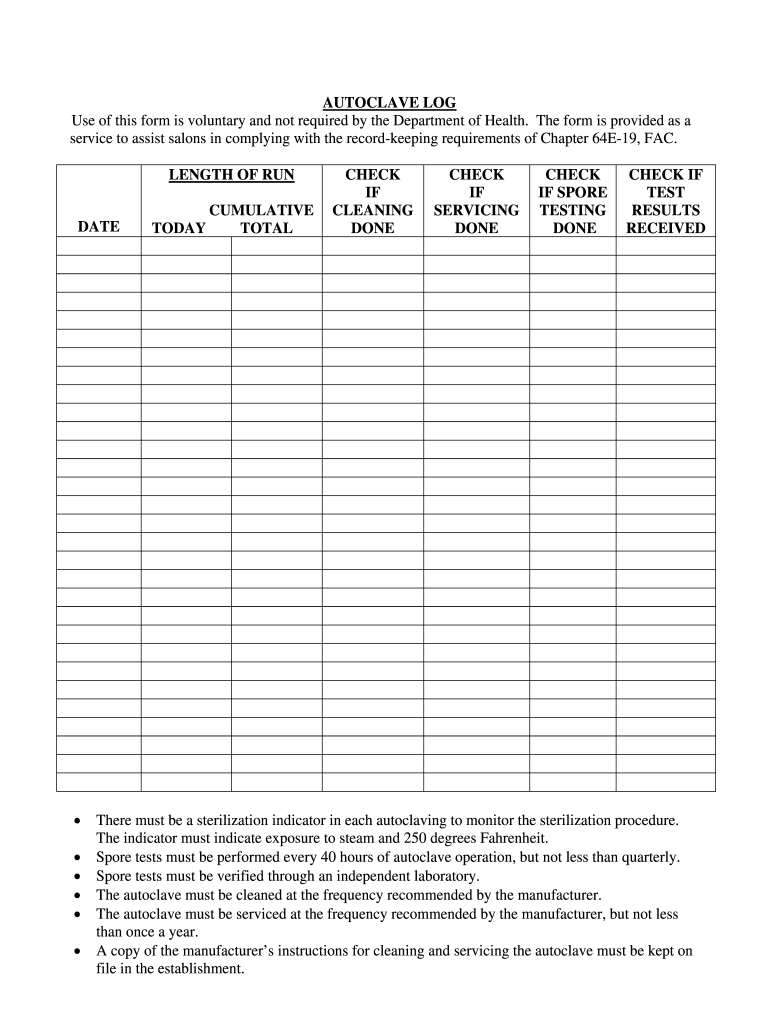 Autoclave Maintenance Log Fill Online Printable Fillable Blank 