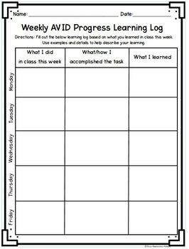 AVID Progress Learning Log Goal Setting Weekly Daily Response Digital 