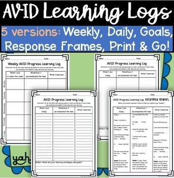 AVID Progress Learning Log Goal Sheet Weekly Daily Response Frames 