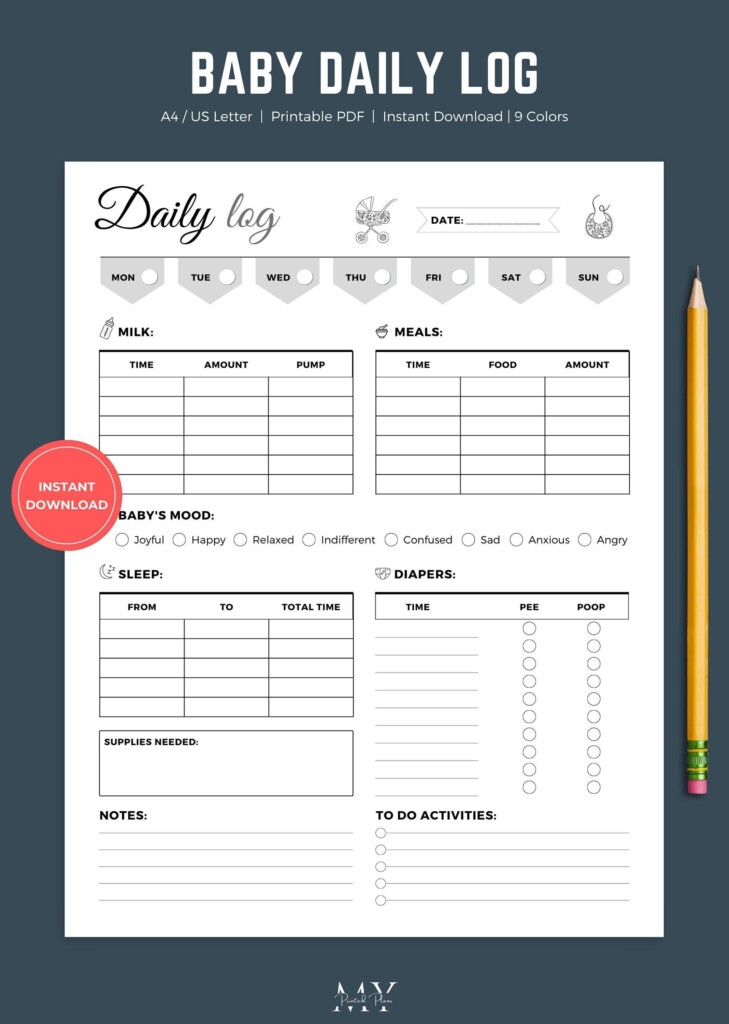 Baby Daily Log Printable Infant Daily Log Baby Care Tracker Newborn 