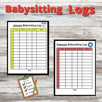 Babysitting Log Income Tracker 12 Month Resource Editable Digital 