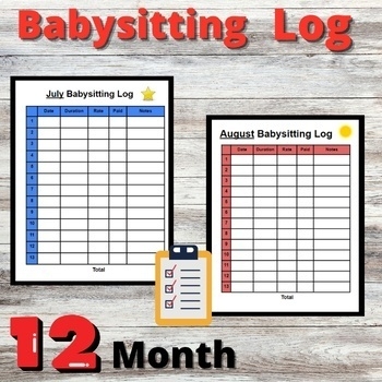 Babysitting Log Income Tracker 12 Month Resource Editable Digital 