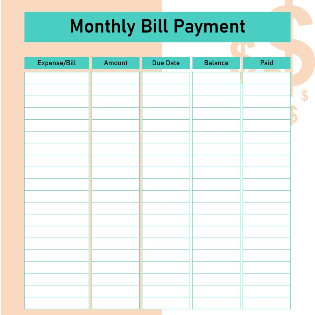 Bill Payment Chart 10 Free PDF Printables Printablee