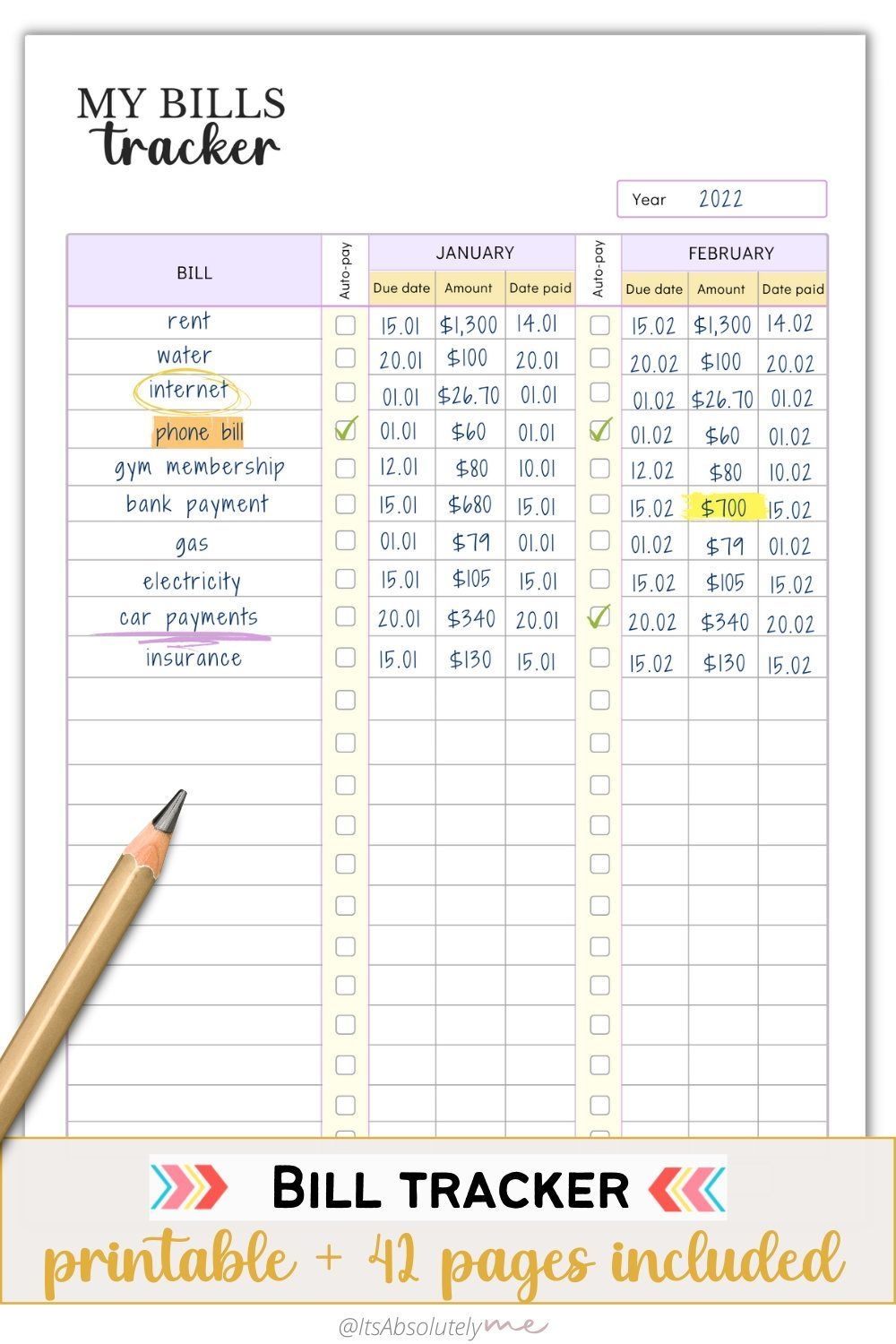 BILL TRACKER BILL PAYMENT LOG Colorful Monthly Bill Organizer