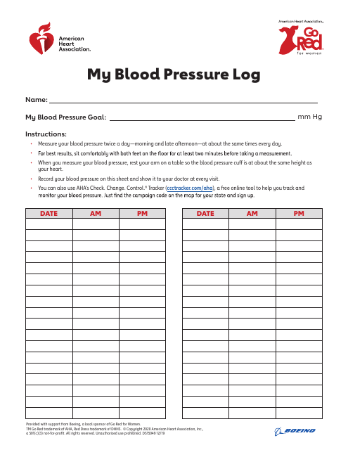 Blood Pressure Log American Heart Association Boeing Download 