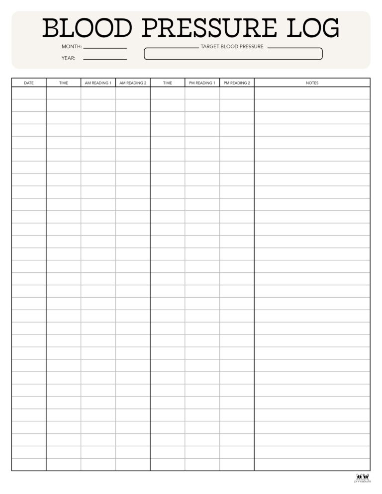 Blood Pressure Logs 25 FREE Printables Printabulls
