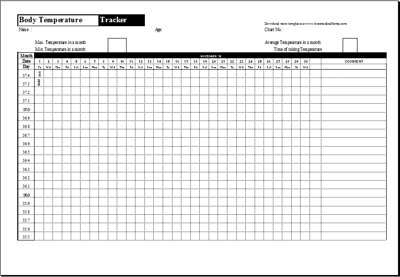 Body Temperature Tracker Template Printable Medical Forms Letters 