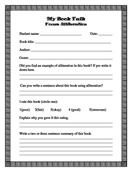 Book Talk Form Allieration Pdf Form By Megan Steel And Angel Somers
