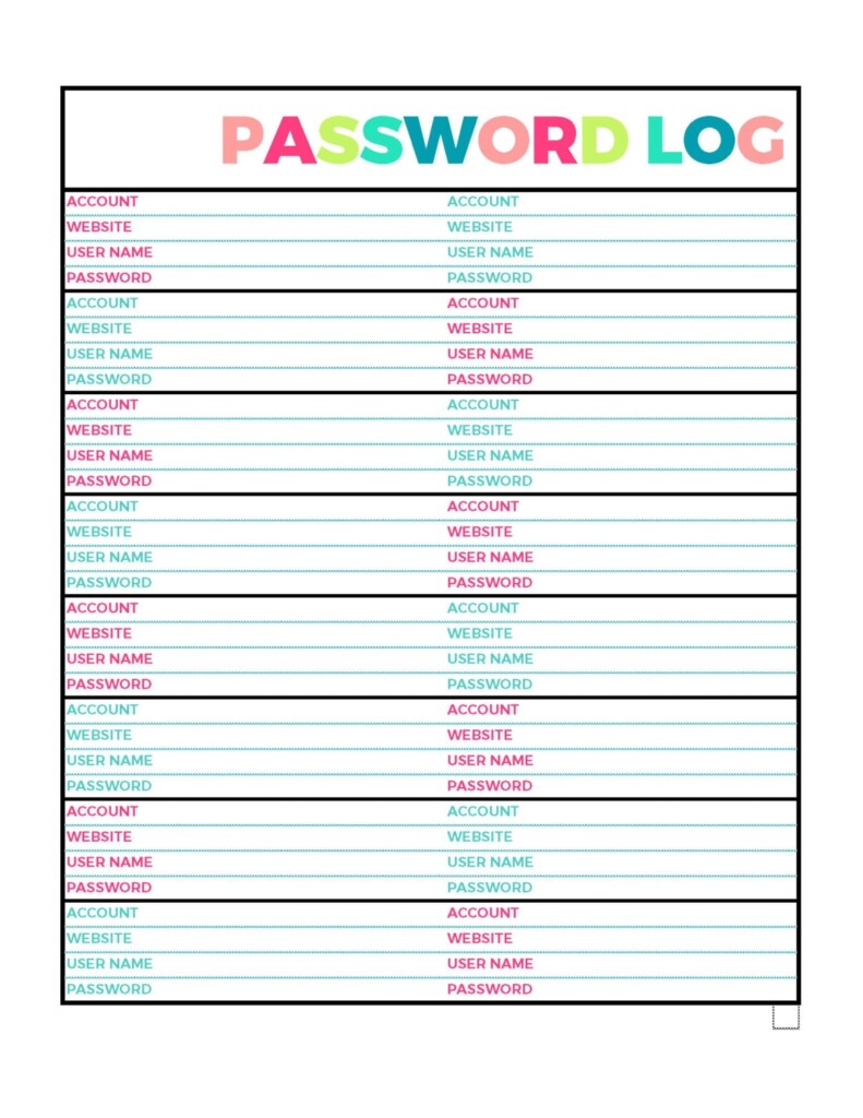 Bright Password Log Printable Page Letter Size PDF Home Binder 