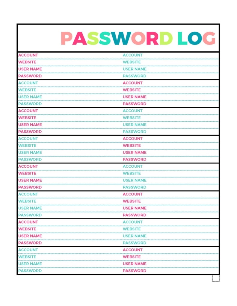 Bright Password Log Printable Page Letter Size PDF Home Binder 