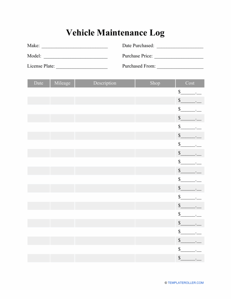 Car Maintenance Log Printable