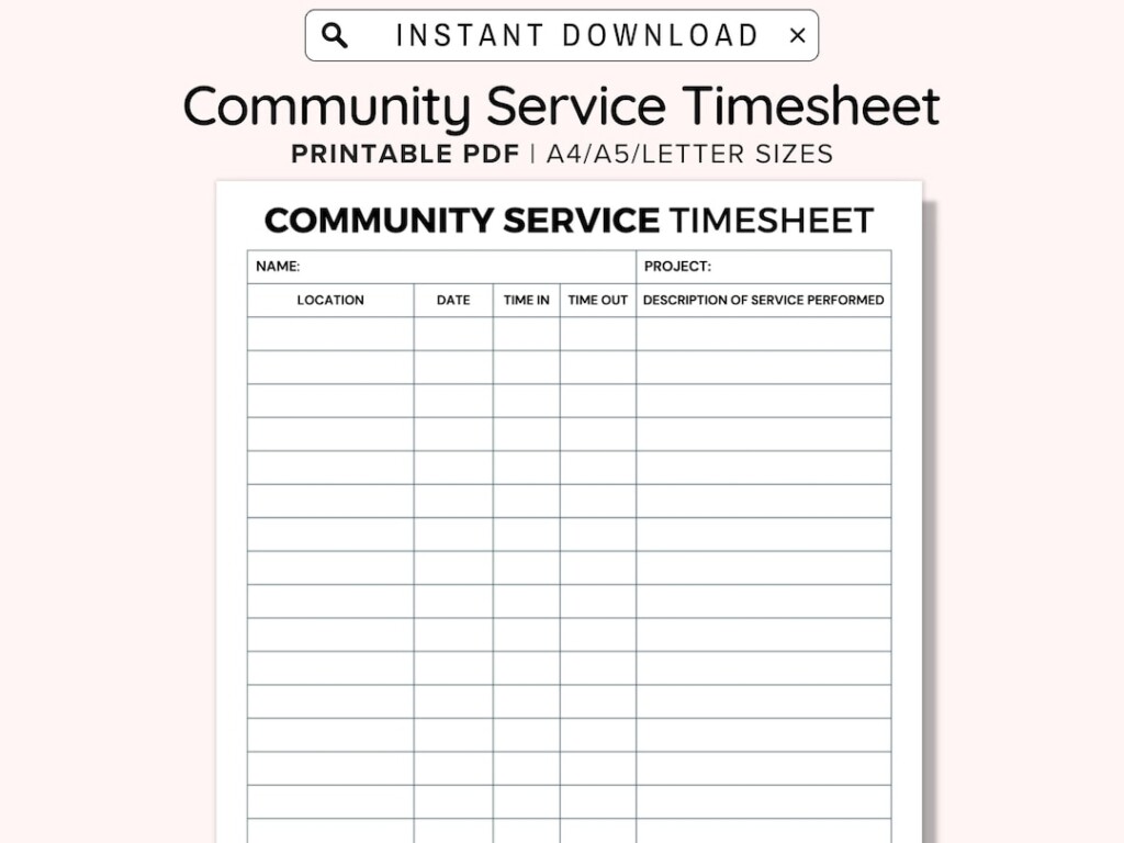 Community Service Hours Log Sheet Printable Volunteer Etsy