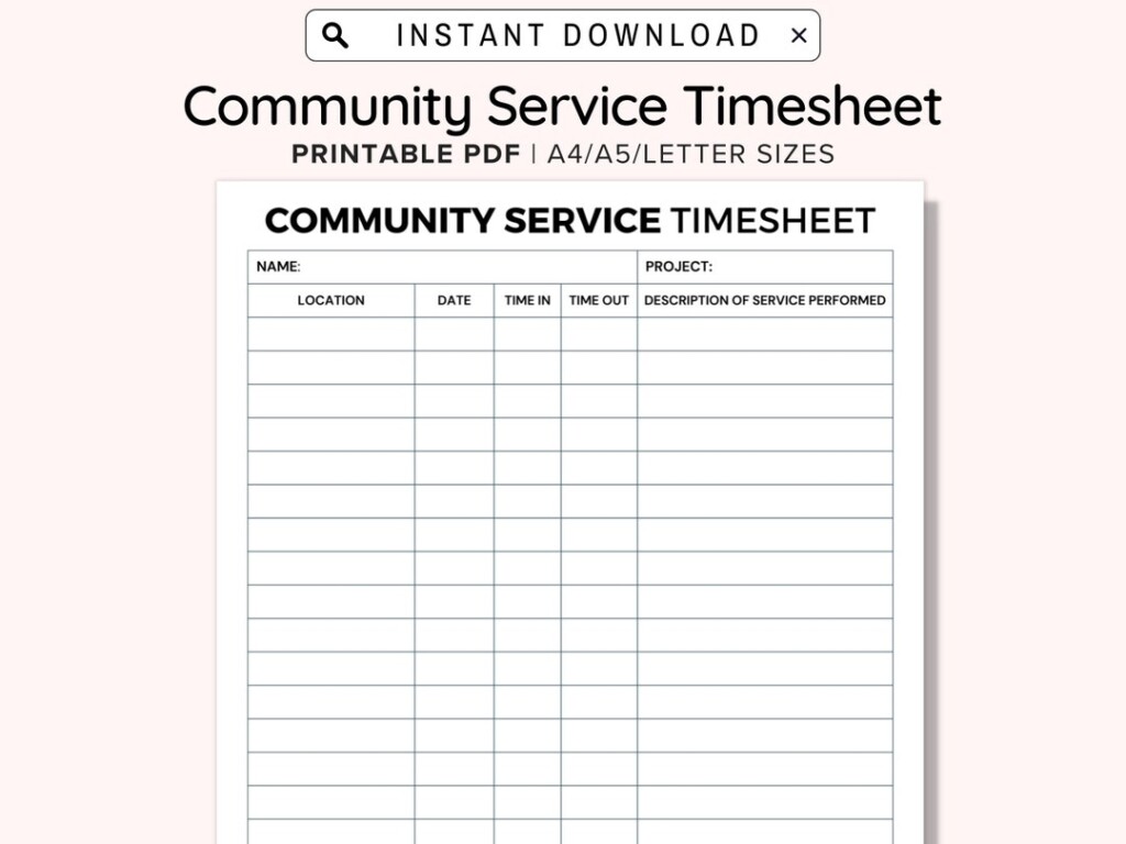 Community Service Hours Log Sheet Printable Volunteer Etsy
