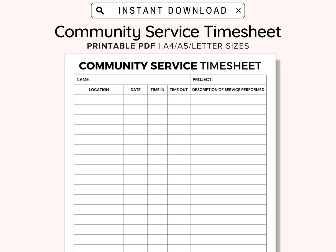 Community Service Hours Log Sheet Printable Volunteer Etsy