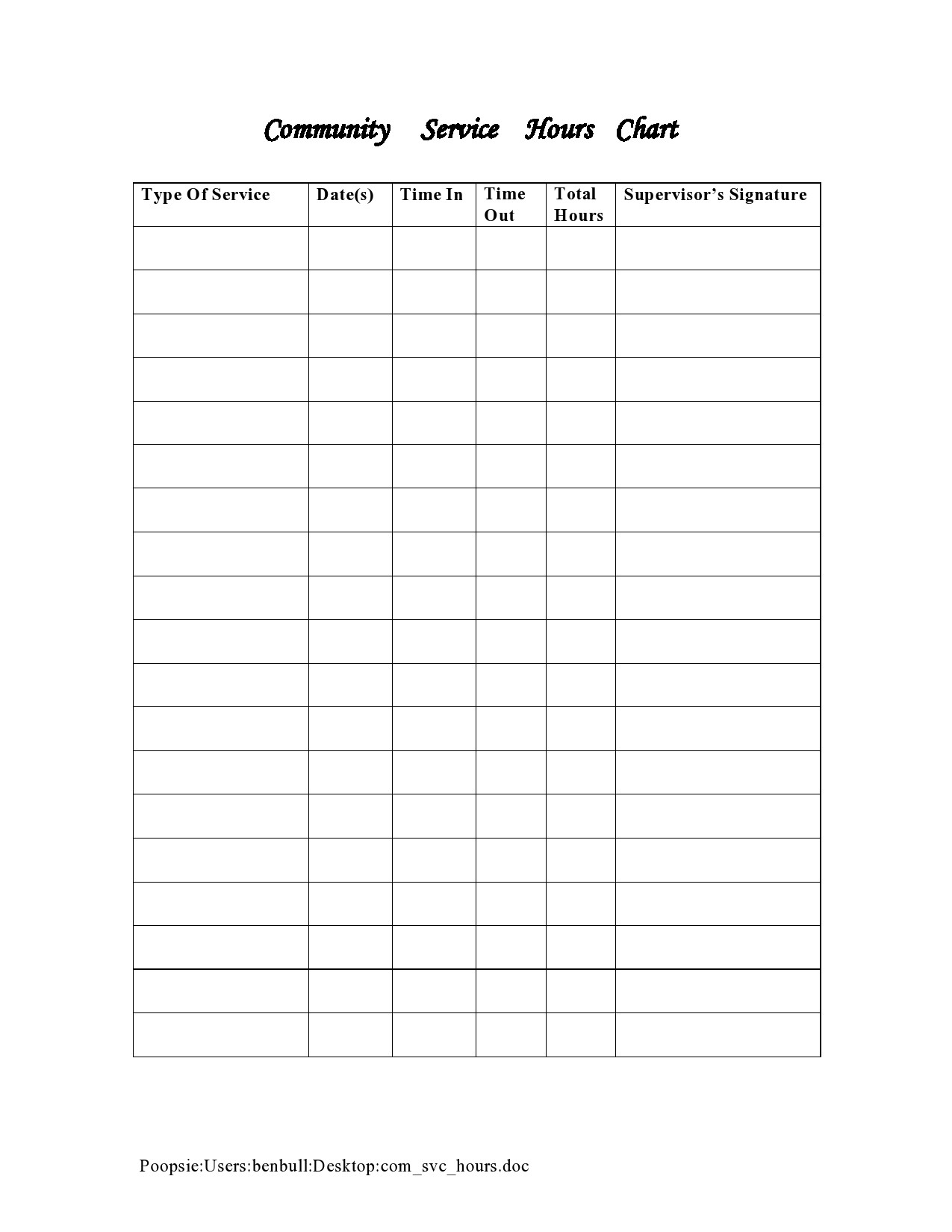Community Service Log Sheet Printable