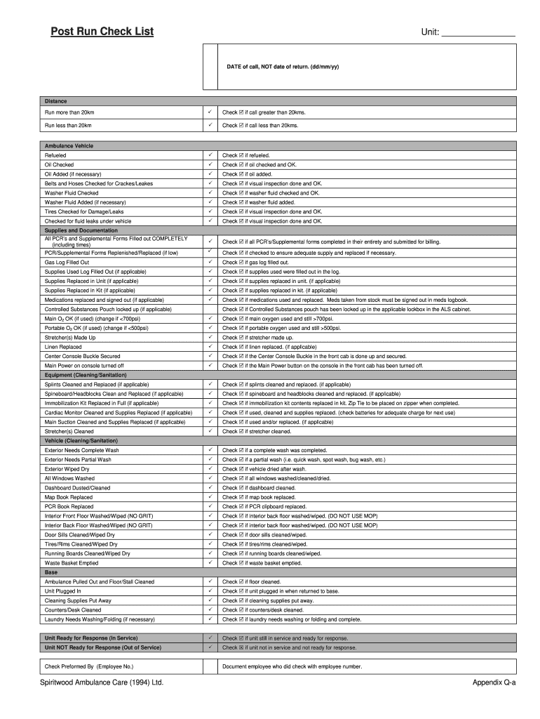 Daily Ambulance Checklist Fill Online Printable Fillable Blank 