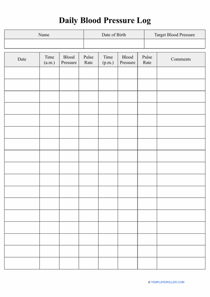 Daily Blood Pressure Log Big Table Download Printable PDF 