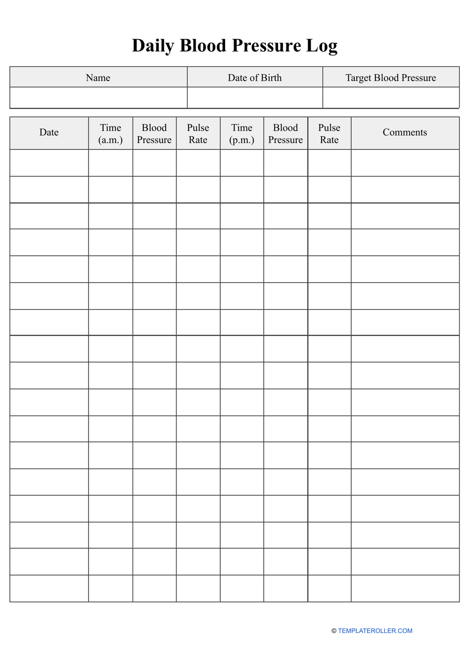 Daily Blood Pressure Log Big Table Download Printable PDF