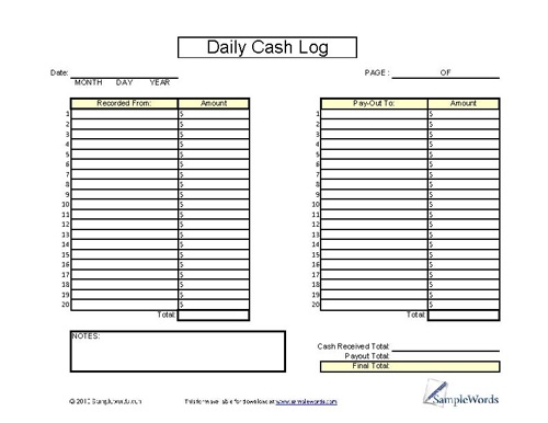Daily Cash Log Sheet Printable Cash Form For Financial Records