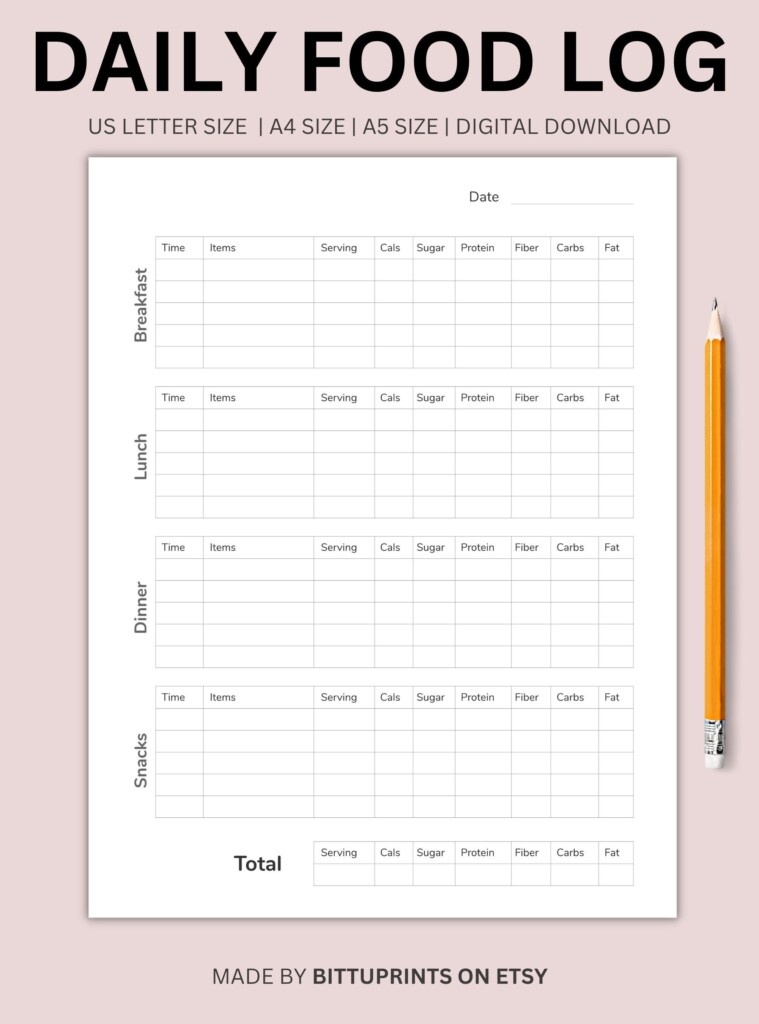 Daily Food Log Journal Food Diary Printable PDF Printable Daily Food 