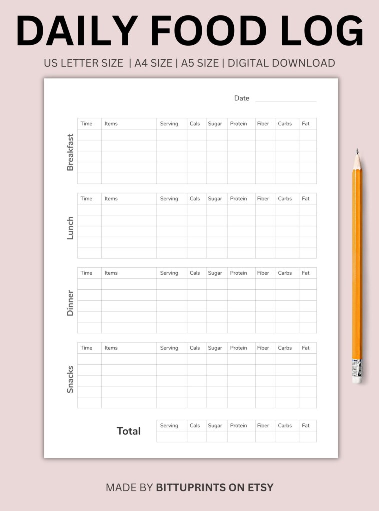 Daily Food Log Journal Food Diary Printable PDF Printable Daily Food 