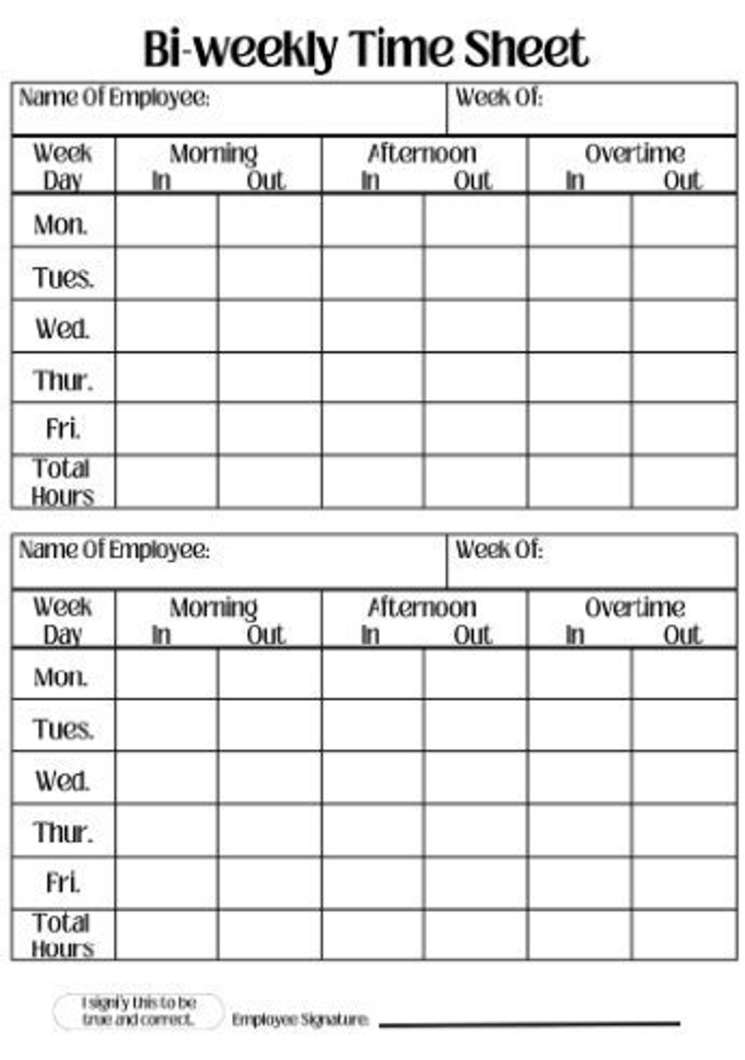 Digital Printable Employee Bi weekly Time Sheet Work Log Employee