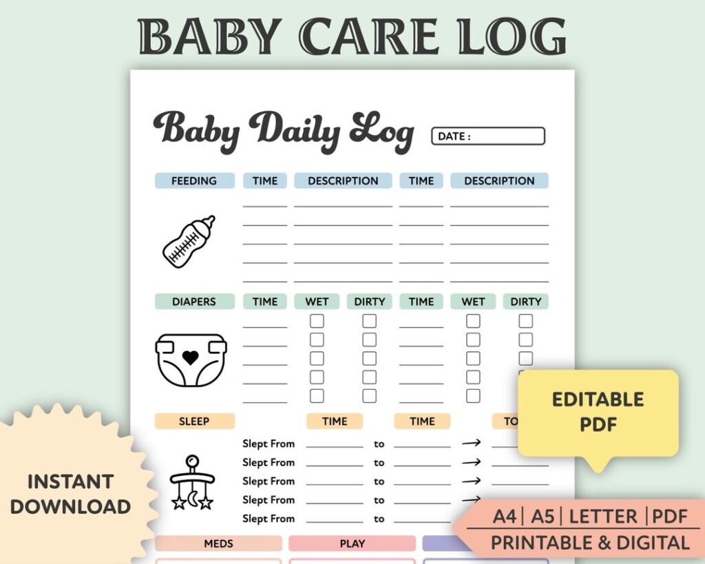 Editable Baby Daily Log Printable Baby Care Log Nanny Log Baby Tracker 