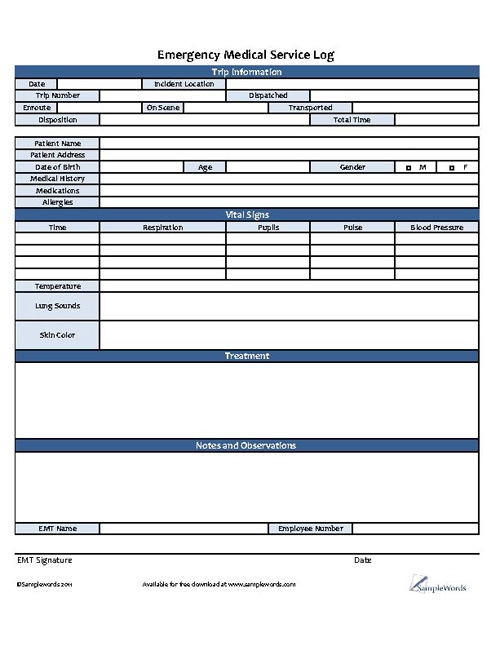 Emergency Medical Services Log Download PDF Form