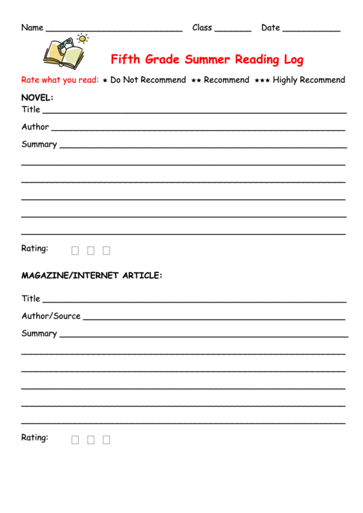 Fifth Grade Summer Reading Log Printable Pdf Download
