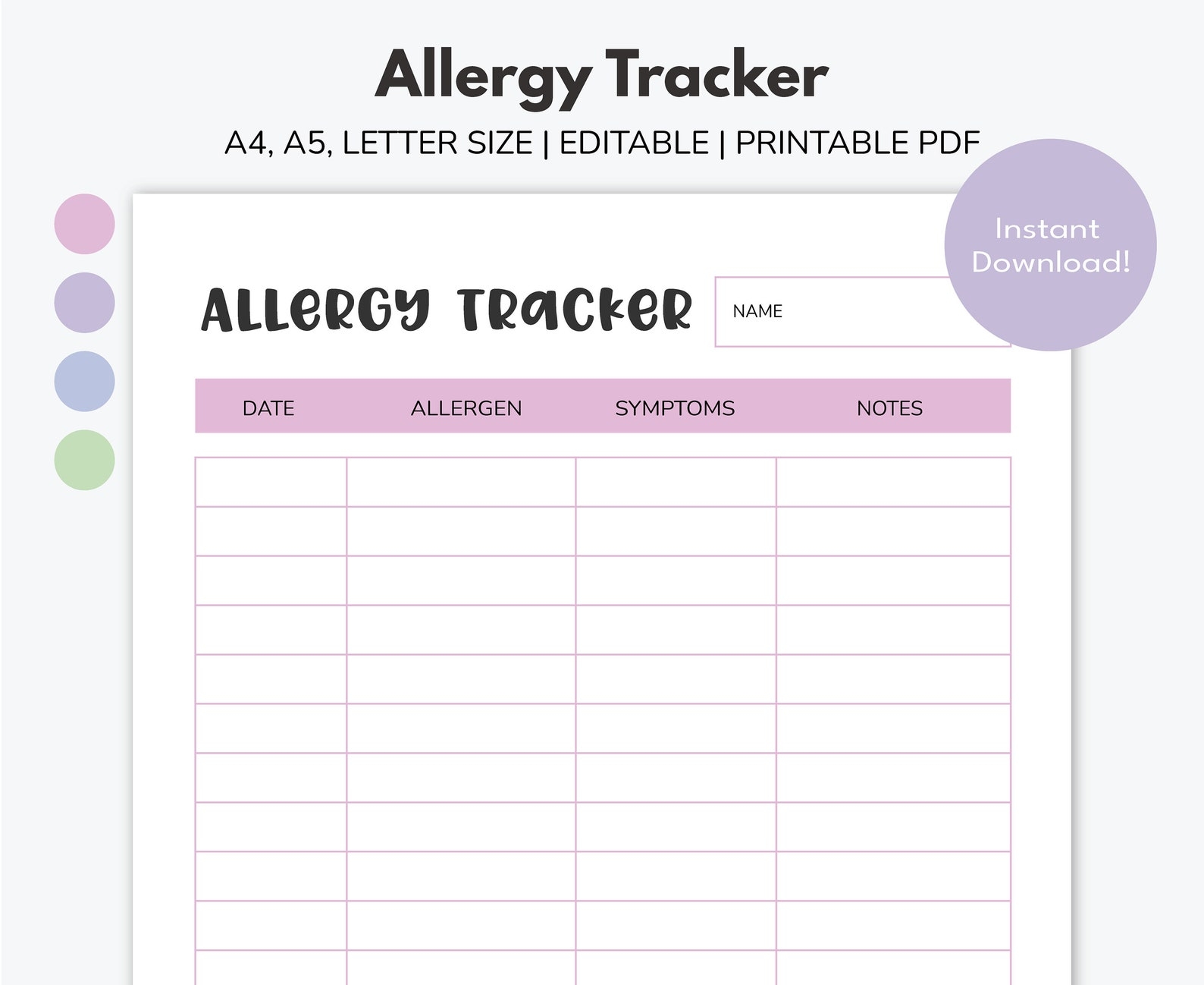 Food Allergy Printable Tracker Planner Blank Allergen Etsy