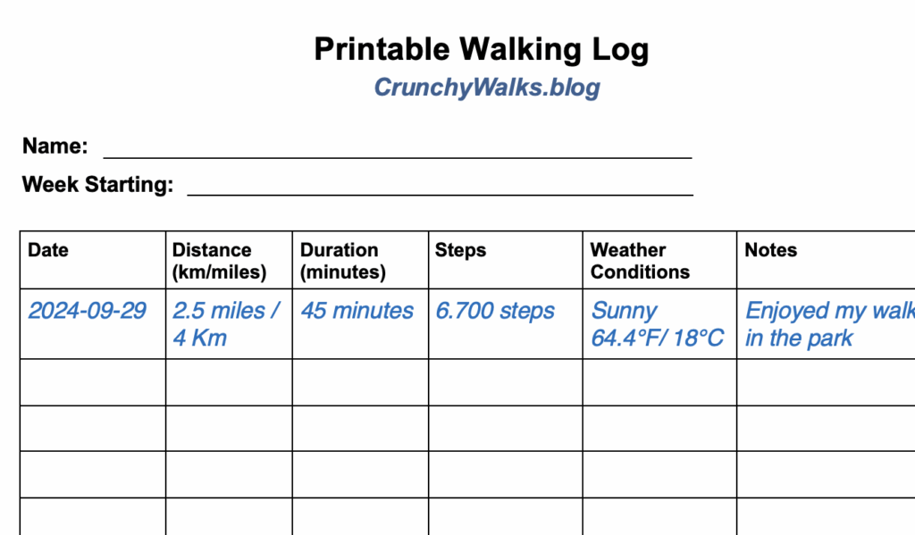 Free Easy Walking Log For Beginners Printable Template