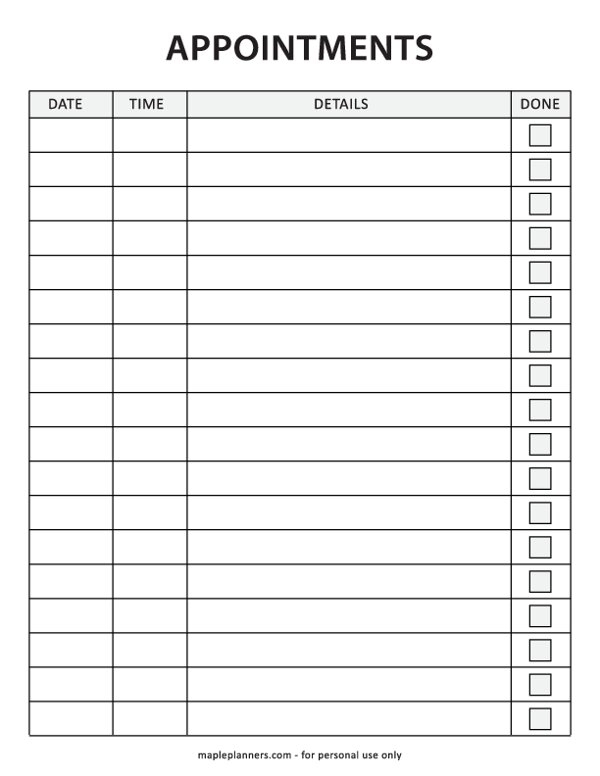Free Printable Appointment Tracker Template