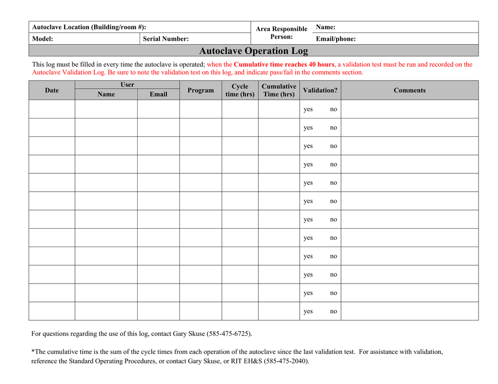 Free Printable Autoclave Sterilization Log Sheet