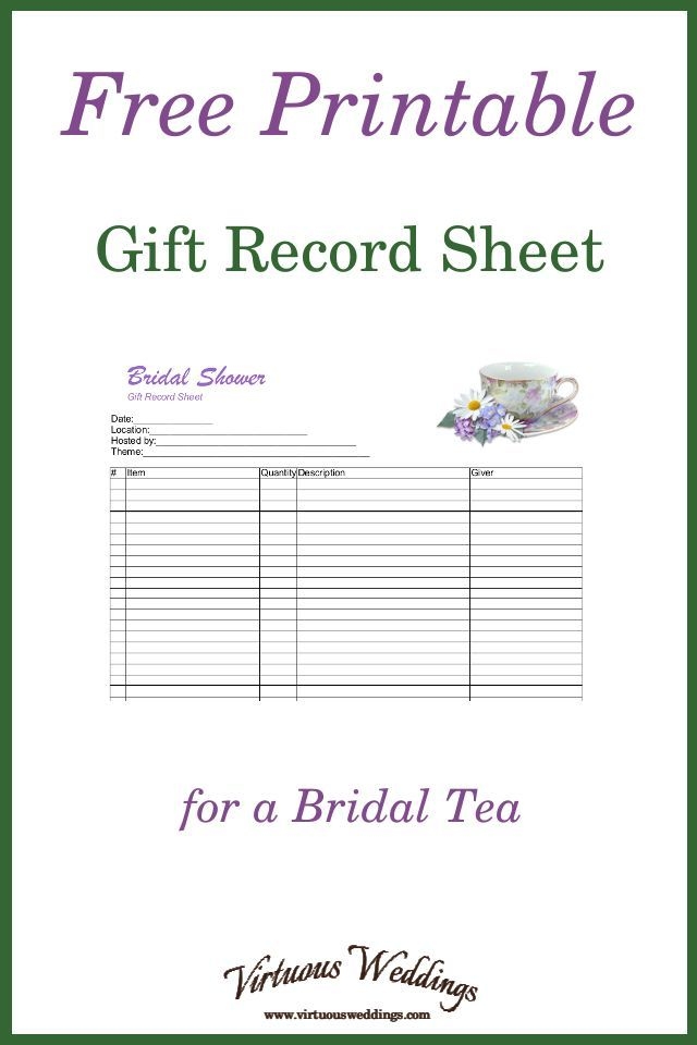 Free Printable Gift Record Sheet For A Bridal Tea Bridal Tea Free