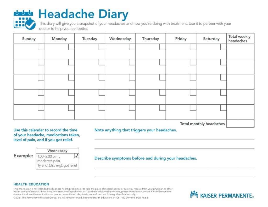 Free Printable Headache Diary Templates PDF Excel 