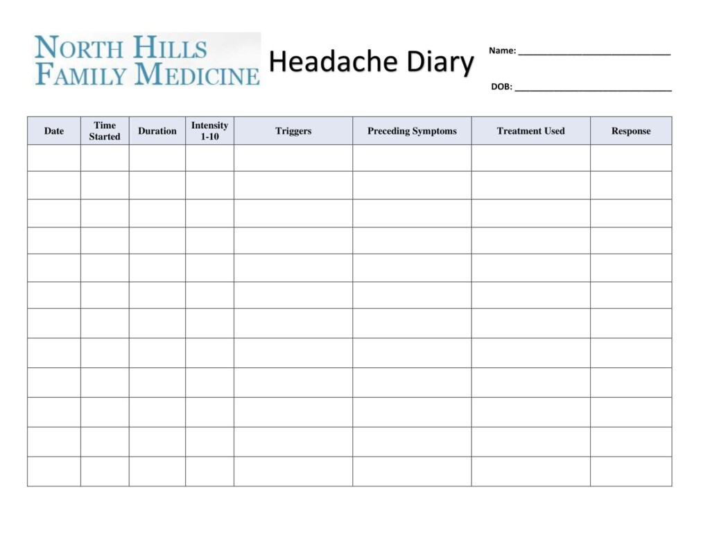 Free Printable Headache Diary Templates PDF Excel 