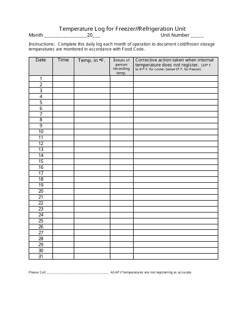 Freezer Refrigeration Unit Temperature Log Sheet Template Download 