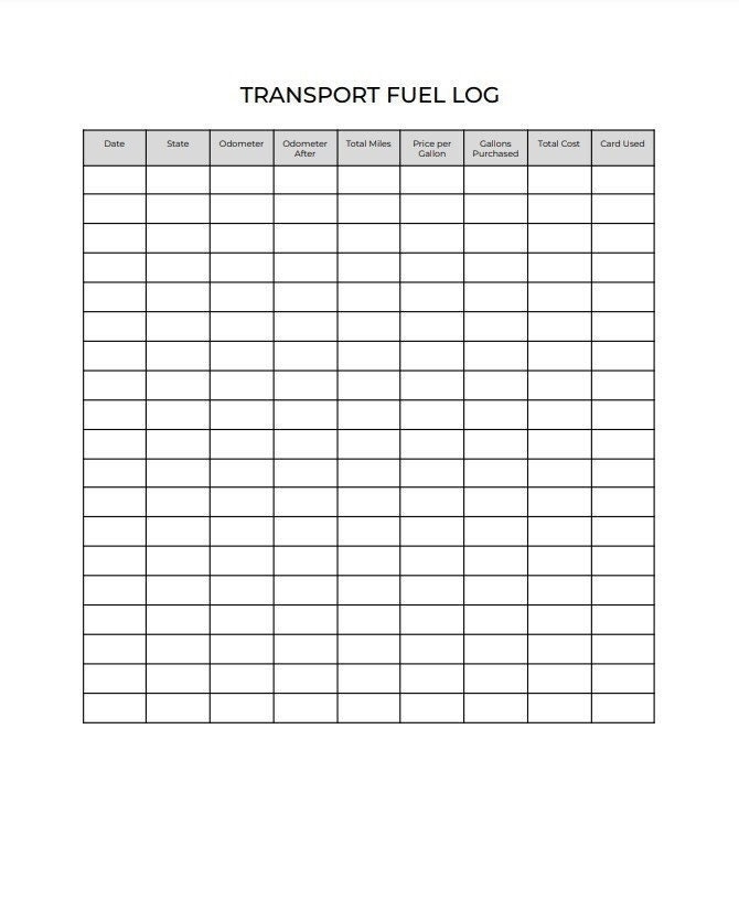 Fuel Log Sheet For Business Transportation Or Cargo Vehicles To Keep 