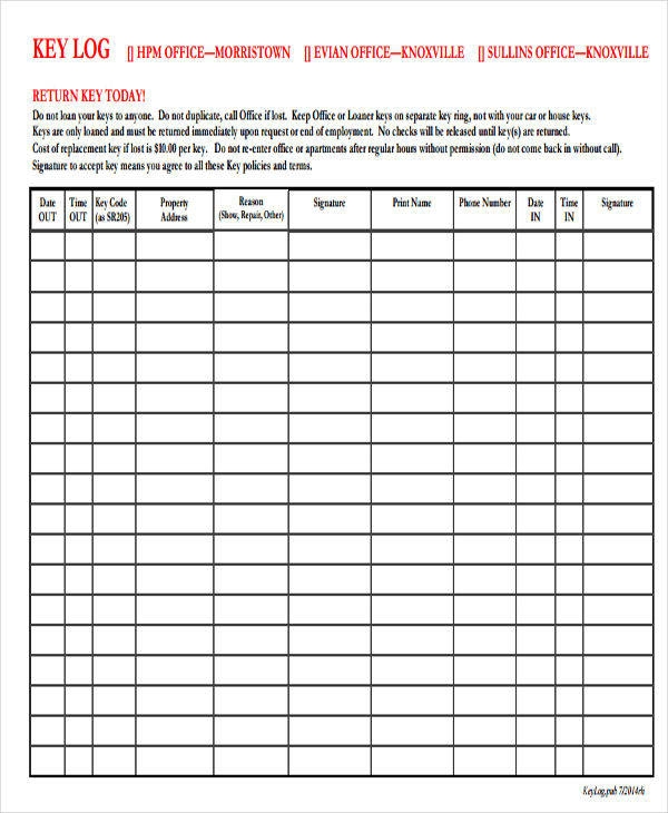 Key Log Templates 11 Free Printable Word Excel Formats Samples 