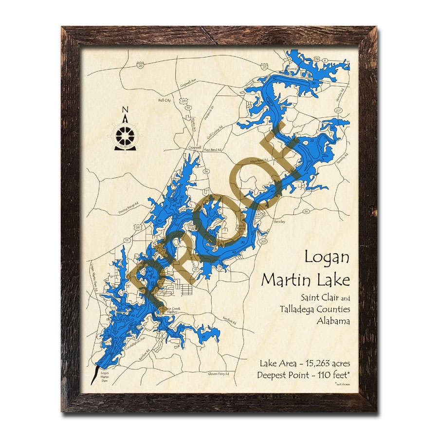 Logan Martin Lake AL Wood Map 3D Nautical Wood Charts