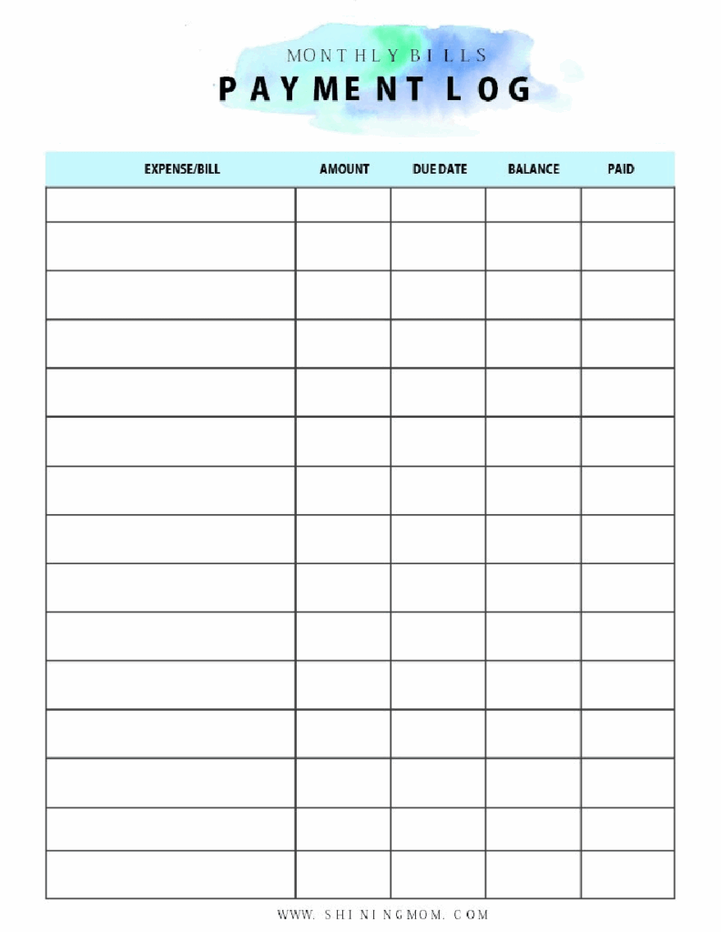 Monthly Bill Payment Log Free Printable